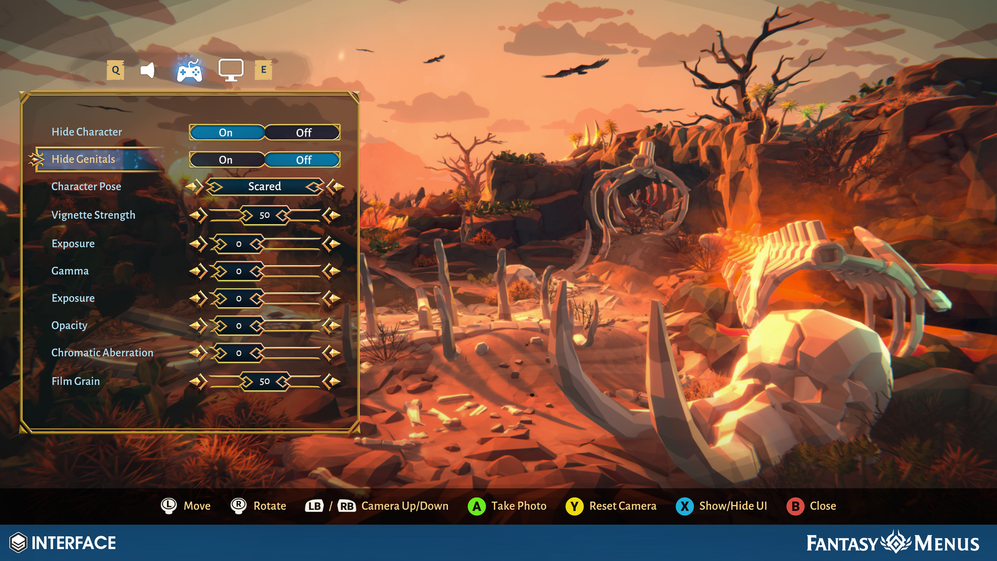 2D photomode menu screen sprite and icons for Unity game development
