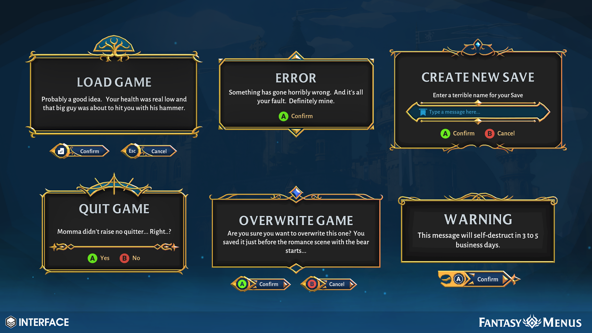 Fantasy menu components for creating game UI popups
