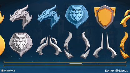 2D sprites of dragons and lions for creating crests and unique icons in fantasy game menus