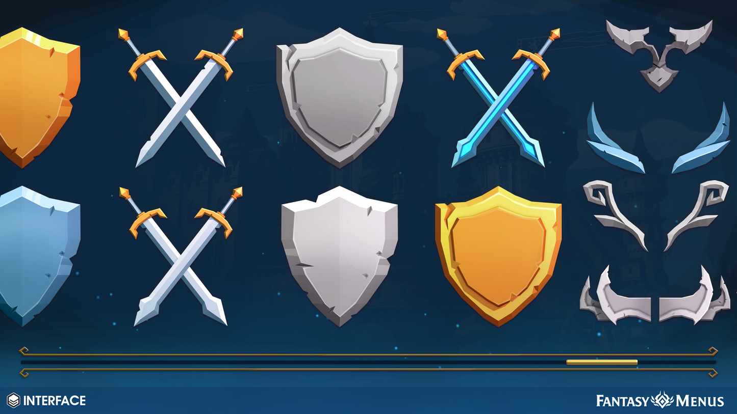 Fantasy themed swords, shields and crests to design a game menu layout