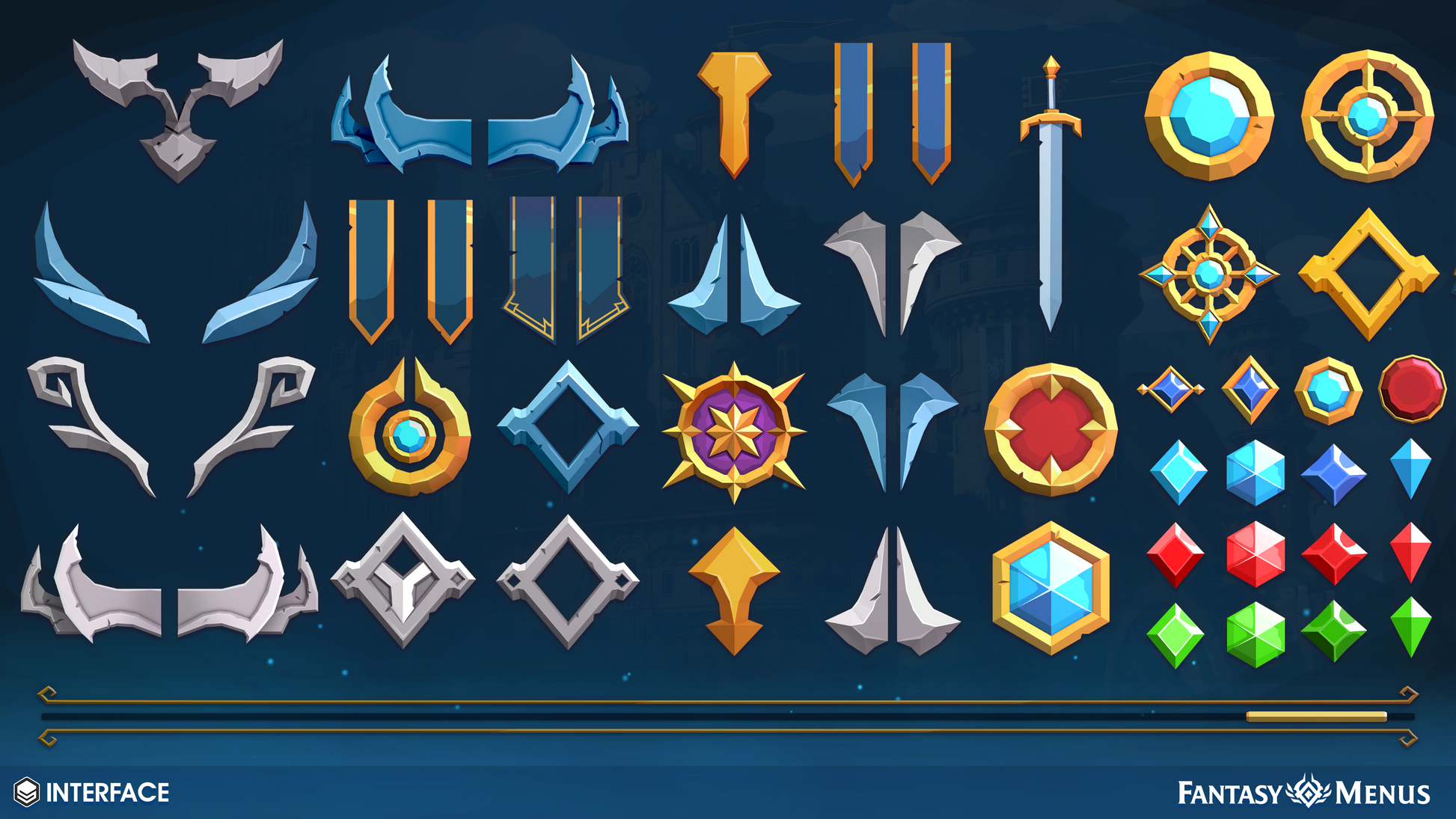 2D fantasy themed icons and components to fully customise a main menu sytem for a game