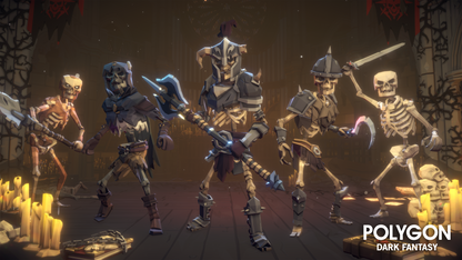 Dark fantasy 3D skeleton character assets holding various melee weapons